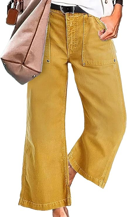 Flamingals Straight Wide Leg Jeans for Women Mid Waisted Casual Raw Hem Denim Capris Pants with P... | Amazon (US)