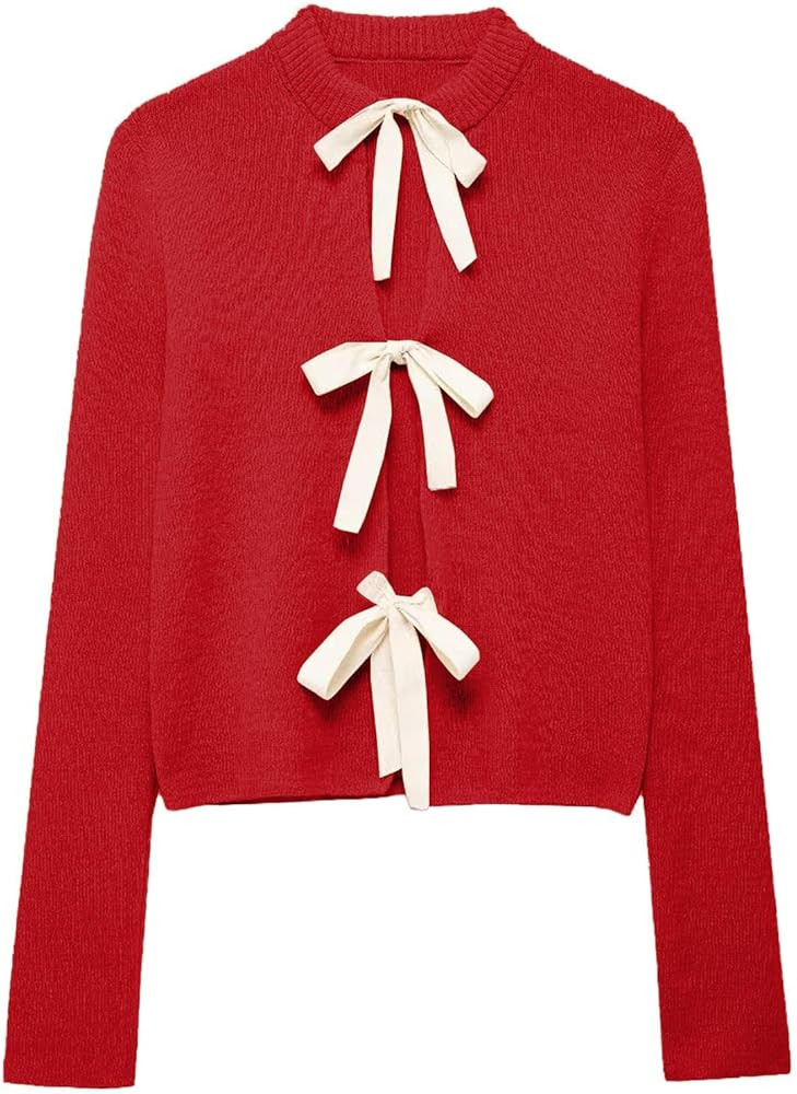 Tie Front Cardigan Sweaters for Women Y2K Bow Tie Open Front Cardigans Crewneck Long Sleeve Sweat... | Amazon (US)