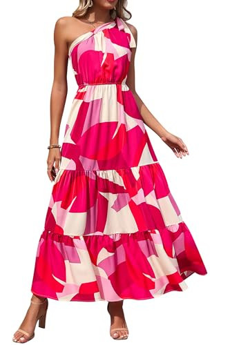 PRETTYGARDEN Women's Summer Floral One Shoulder Maxi Dress Knot Ruffle Boho Beach Vacation Wedding Guest Long Sun Dresses (Red White Block,Large) | Amazon (US)