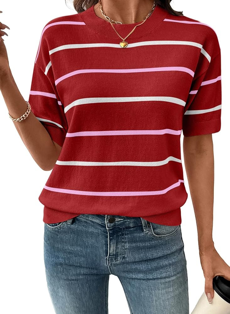 SHEWIN Womens Tops Crewneck Short Sleeve Sweater Pullover Knit Striped Shirt Blouses Fall Outfits... | Amazon (US)