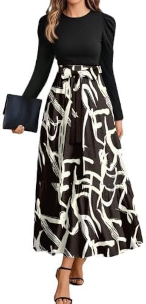 Women's Floral Crewneck Patchwork Maxi Dress Long Sleeve Elegant High Waist A-Line Flowy Dresses ... | Amazon (US)