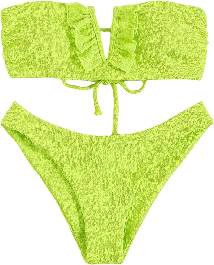 MakeMeChic Women's 2 Piece Bandeau Swimsuit Ruffle Trim Lace Up Bikini Set Strapless Bathing Suit... | Amazon (US)