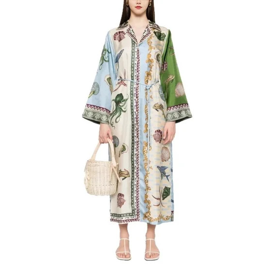 Women Printed Shirt Dress Long Sleeve Loose Fit Button Down Vacation Casual Midi Dress | Walmart (US)