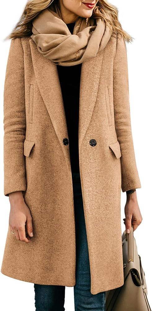 Yousify Women's 2023 Winter Pea Coats Casual Lapel Notched Mid Length Single-Breasted Wool Blend ... | Amazon (US)