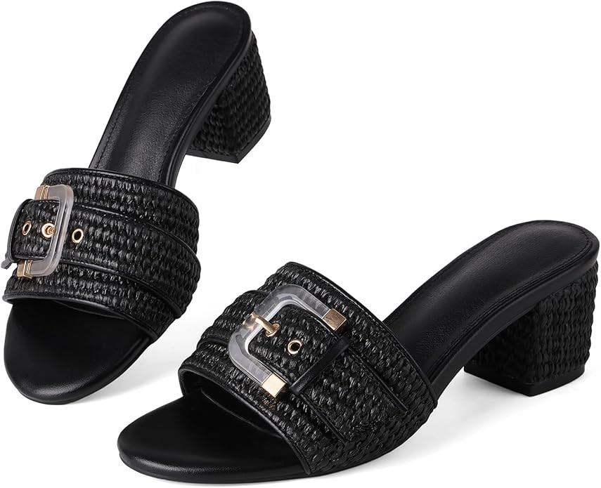 Women's Raffia Heeled Sandals Low Block Chunky Heel Sandals Open Toe Buckle Strap Beach Slip on M... | Amazon (US)