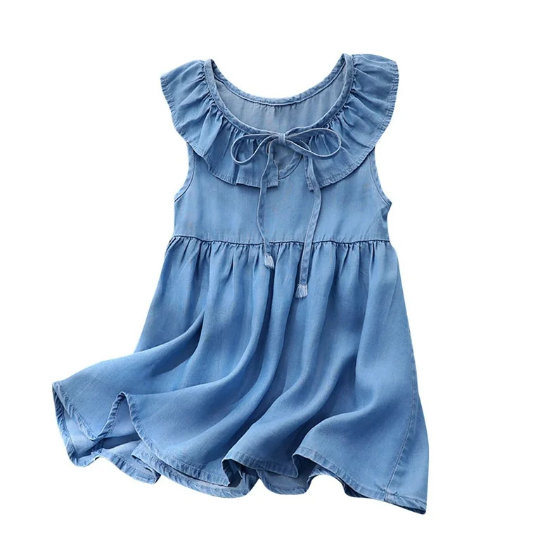 Diufon Girls Denim Dresses Toddler Baby Puff Sleeve Party Dress Summer Casual Bow Tie Pleated Sun... | Walmart (US)