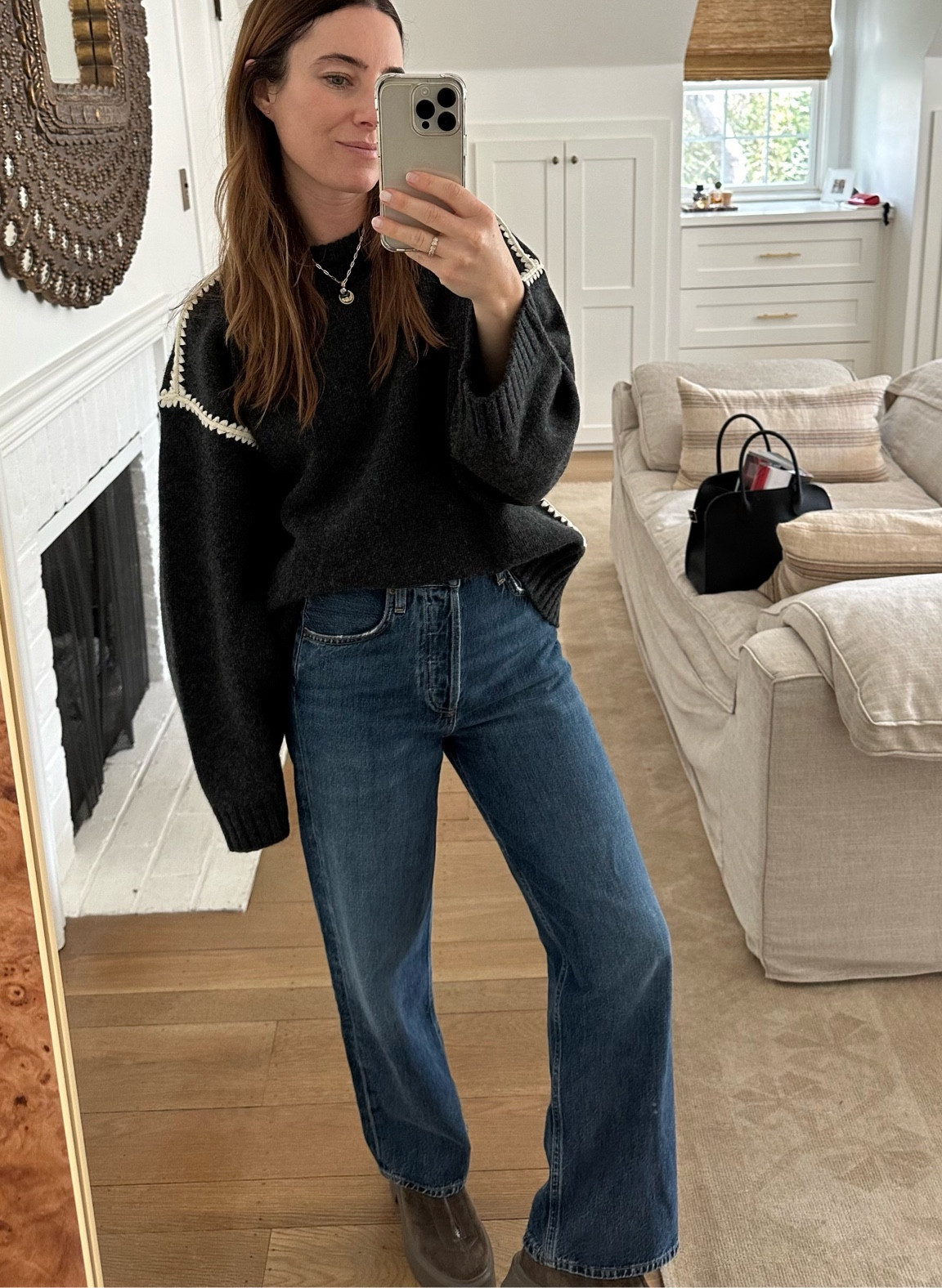 Gray and brown suede boots today — 

Note: Mytheresa has the best sizing available in this Toteme sweater (I am wearing in XXS) 