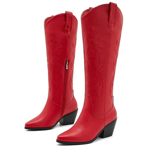 ZXHYZLZ Red Cowgirl Boots - Wide Calf Knee-High Cowboy Boots For Women with Side Zip and Classic Embroidery, Great For Country Concerts and Parties Size 9.5 | Amazon (US)