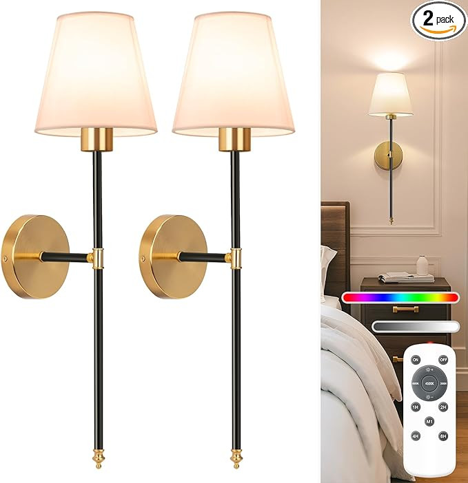 NIORSUN Battery Operated Wall Sconce Set of 2,Black-Gold Rechargeable Wall Lights with 5200mAh Di... | Amazon (US)