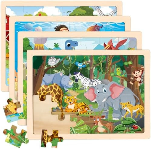 Puzzles for Kids Ages 4-6, 4 Packs Wooden Animals Jigsaw Puzzles for Toddlers Ages 3-5, Preschool... | Amazon (US)