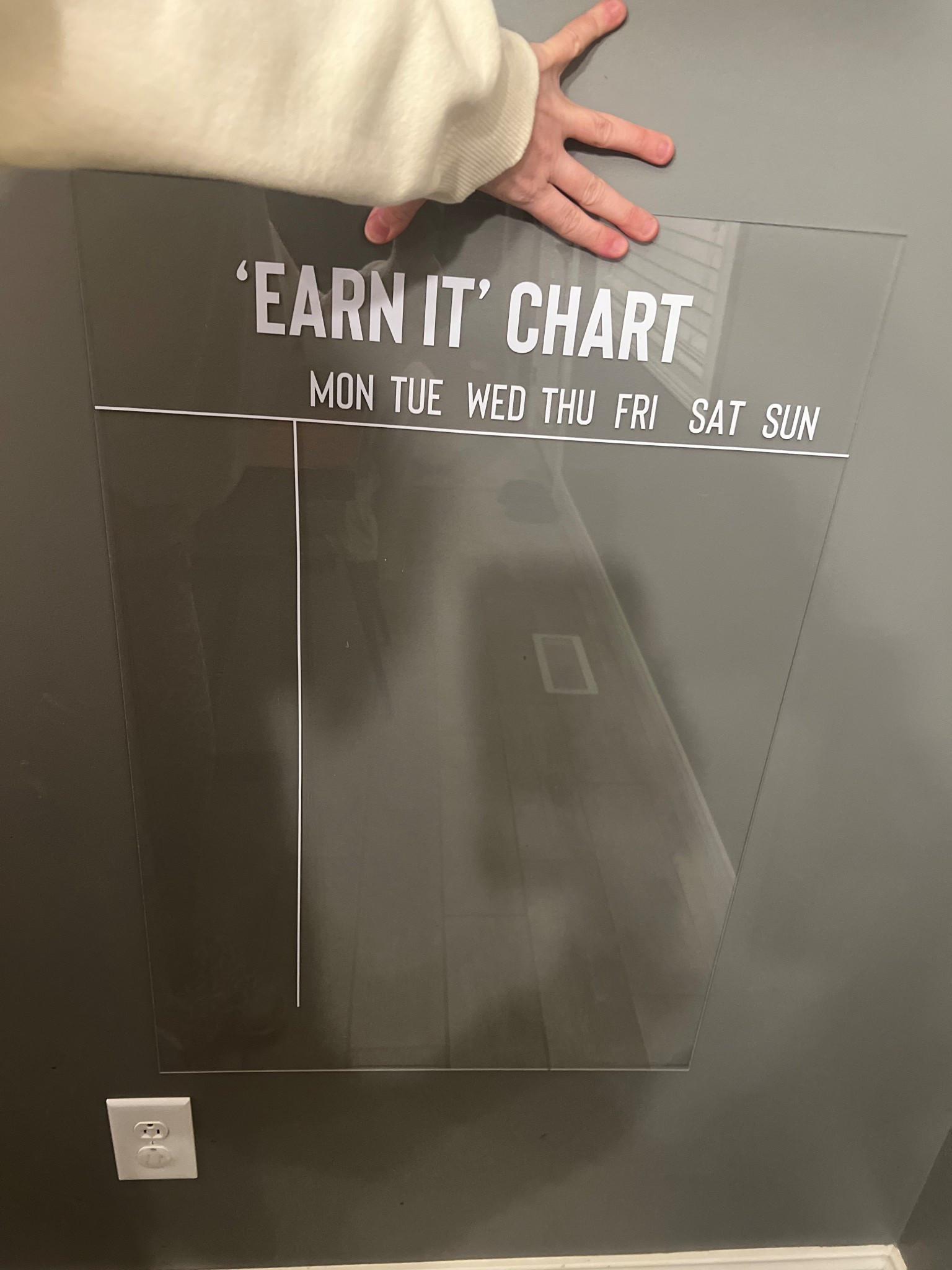 Sub-par photo, but HIGH-quality application — follow along to learn more about how we are using this earned chart to help my kids learn responsibility and earn some “Screen Time minutes” as they go!!

This was super easy to make, just placed an order for a custom size plexiglass sheet from Home Depot and then just use some white vinyl and my cricket to label things out!!

Memo board, calendar board, chore chart, kids chores, earn screen time, kid responsibilities, mom hack, parent hack, motherhood, mom of 3, parent, parenting, parents, cricut crafting, arts and crafts, DIY, DIY chore chart, crafts, crafting, 

#LTKmomlife #LTKKids #LTKdayinmylife