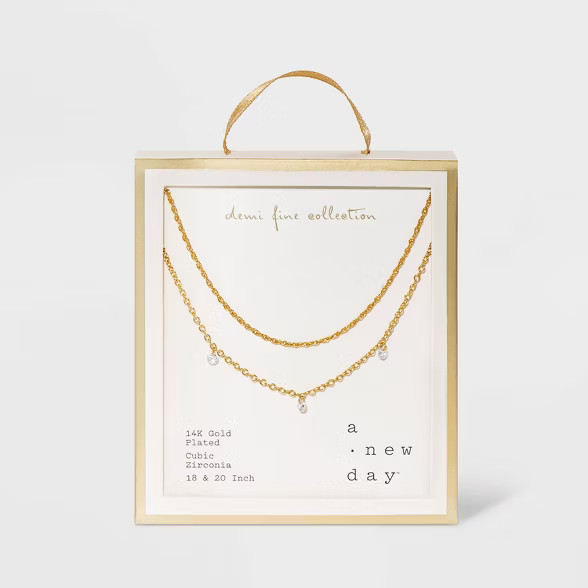 14K Gold Plated Pierced Cubic Zirconia Duo Necklace - A New Day™ | Target