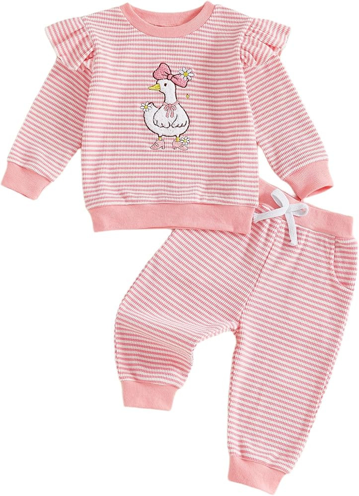 Toddler Baby Girl Fall Winter Clothes Goose/Duck Long Sleeve Pullover Sweatshirts Stripe Pants Fa... | Amazon (US)