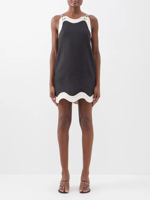Staud - Renata Wave-edge Linen Mini Dress - Womens - Black Beige | Matches (US)