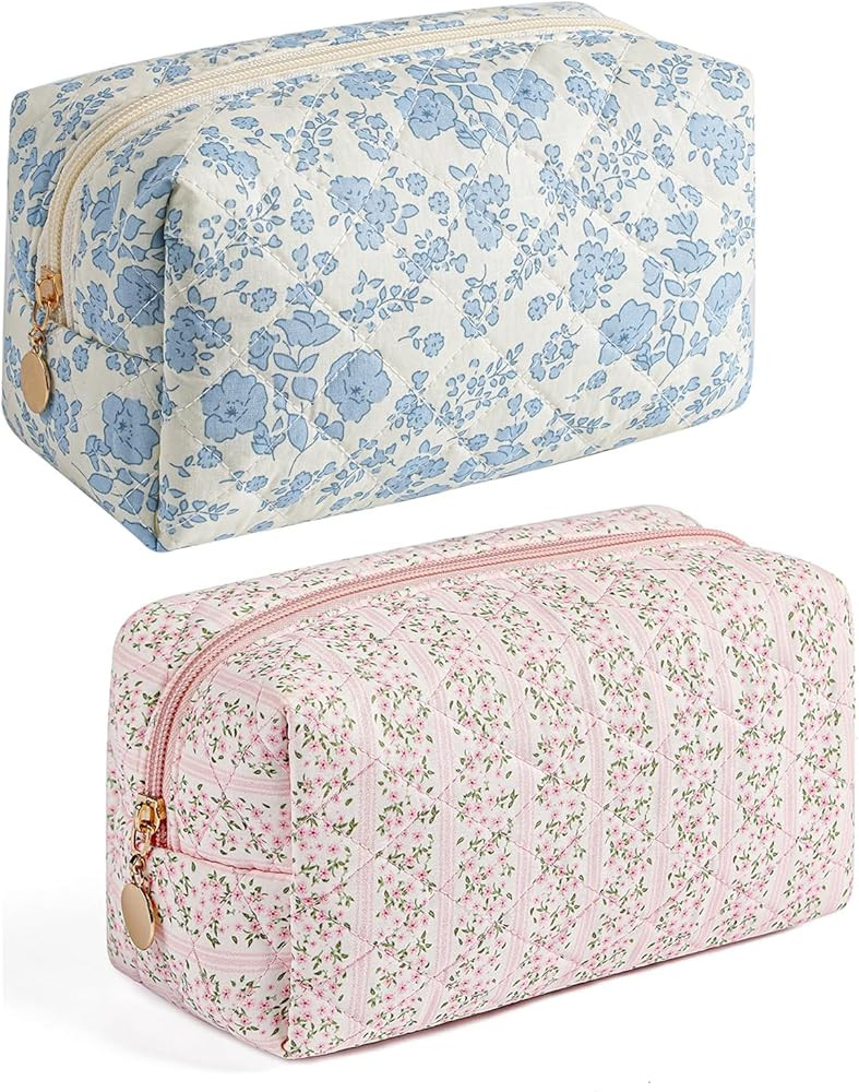 Gleyemor 2 Pieces Quilted Makeup Bag, Cute Floral Cosmetic Bag for Women, Cotton Make Up Bag Set,... | Amazon (US)