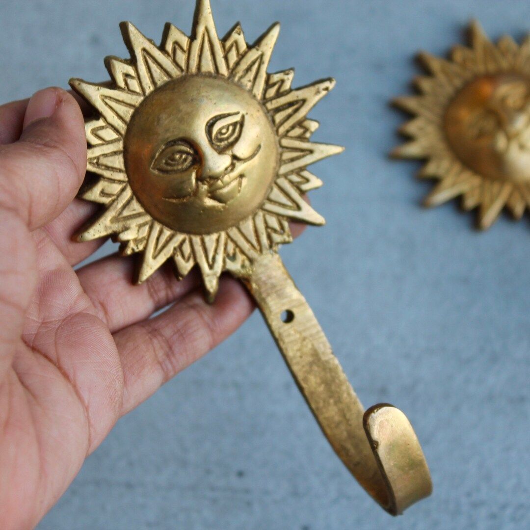 Vintage wall hook - Sun/ Celestial Design, Antique Brass Door pull, Entryway decor wall mount Sun... | Etsy (US)