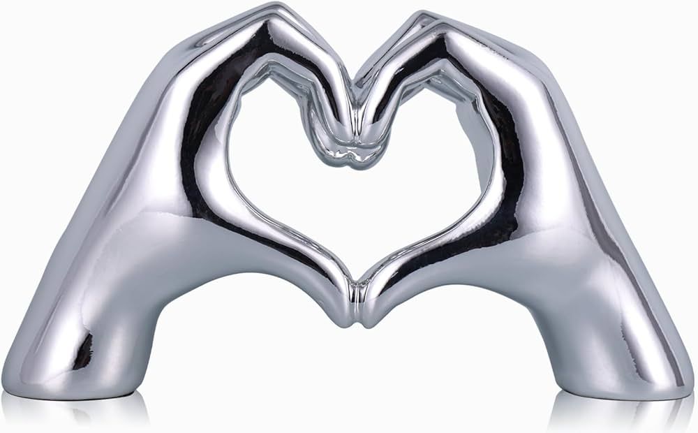 Silver heart sculptures and statues, silver home decor, hand heart sculpture home decor, modern a... | Amazon (US)