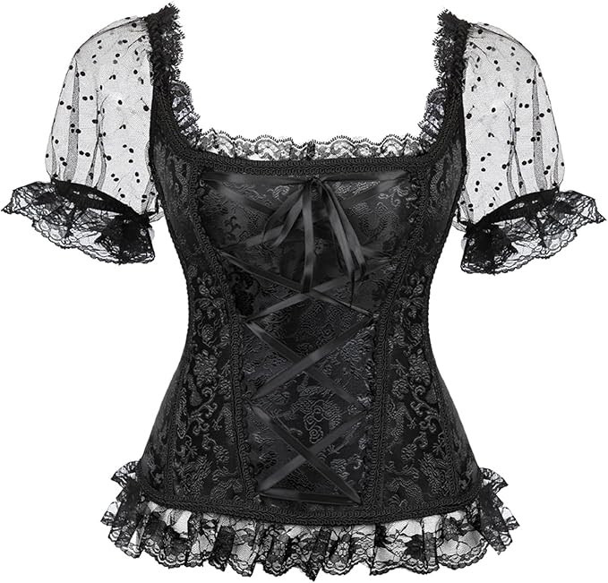 Women's Princess Renaissance Corset Lace Ruched Sleeves Elegant Overbust Top | Amazon (US)