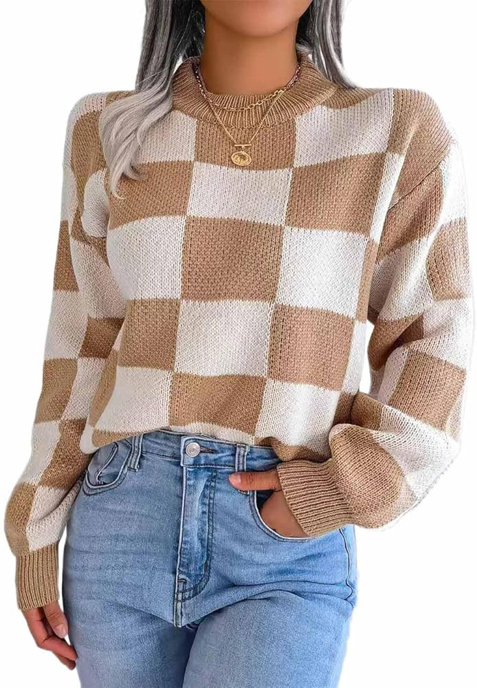 Women's Color Block Checkered Crew Neck Long Sleeve Y2K Plaid Knitted Pullover Sweater Tops Vinta... | Amazon (US)