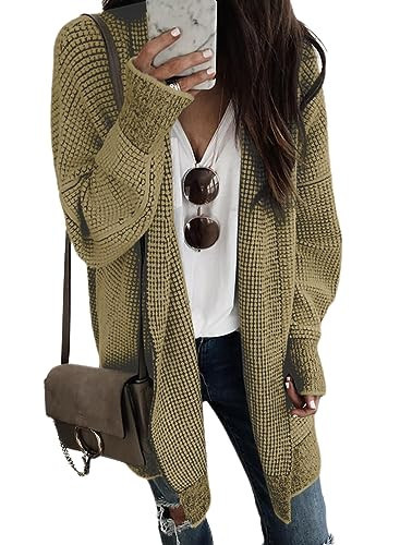 Sidefeel Cardigan Sweaters for Women Long Sleeve Open Front Chunky Knit Oversized Checkered Cardigan Sweaters Winter Coat Khaki Large | Amazon (US)