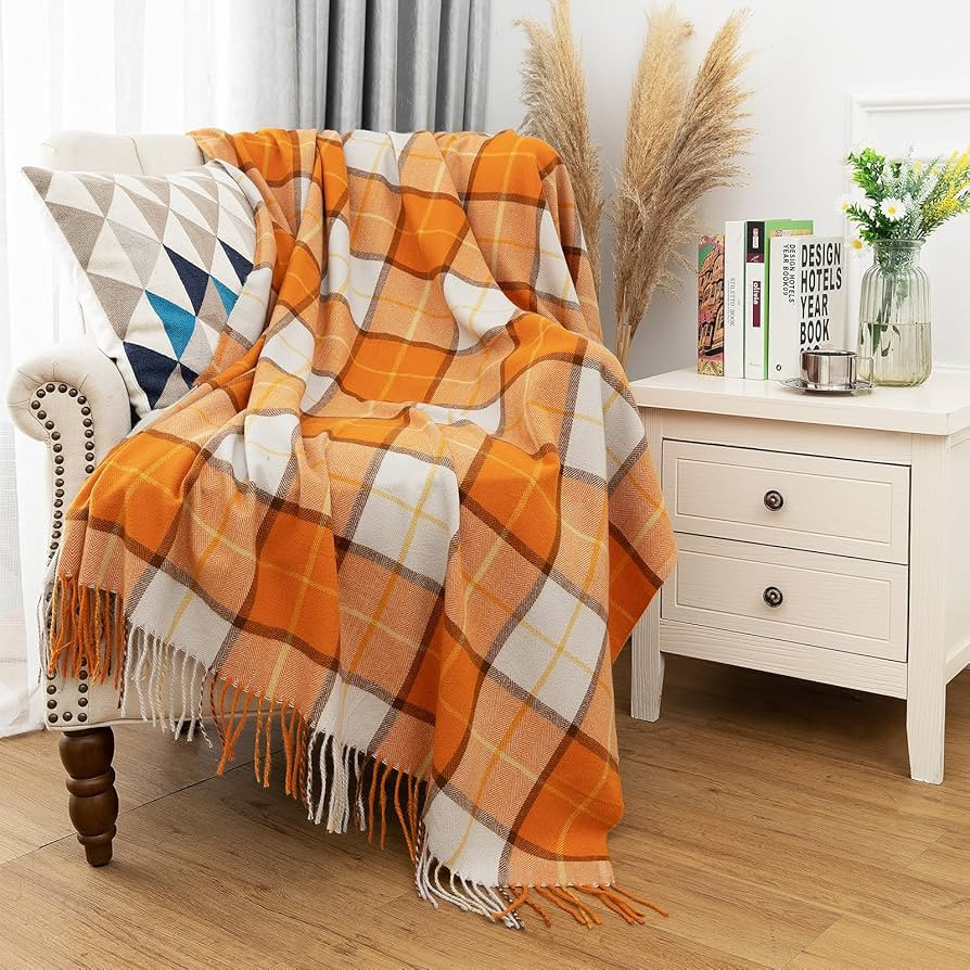 Orange Buffalo Plaid Throw Blanket for Couch, Soft Lightweight Fall Farmhouse Thanksgiving Throw ... | Amazon (US)