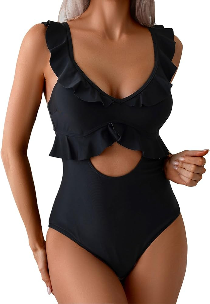 Rainlover Womens One Piece Swimsuits Tummy Control Bathing Suit Cutout High Waisted Ruffle Wrap V... | Amazon (US)