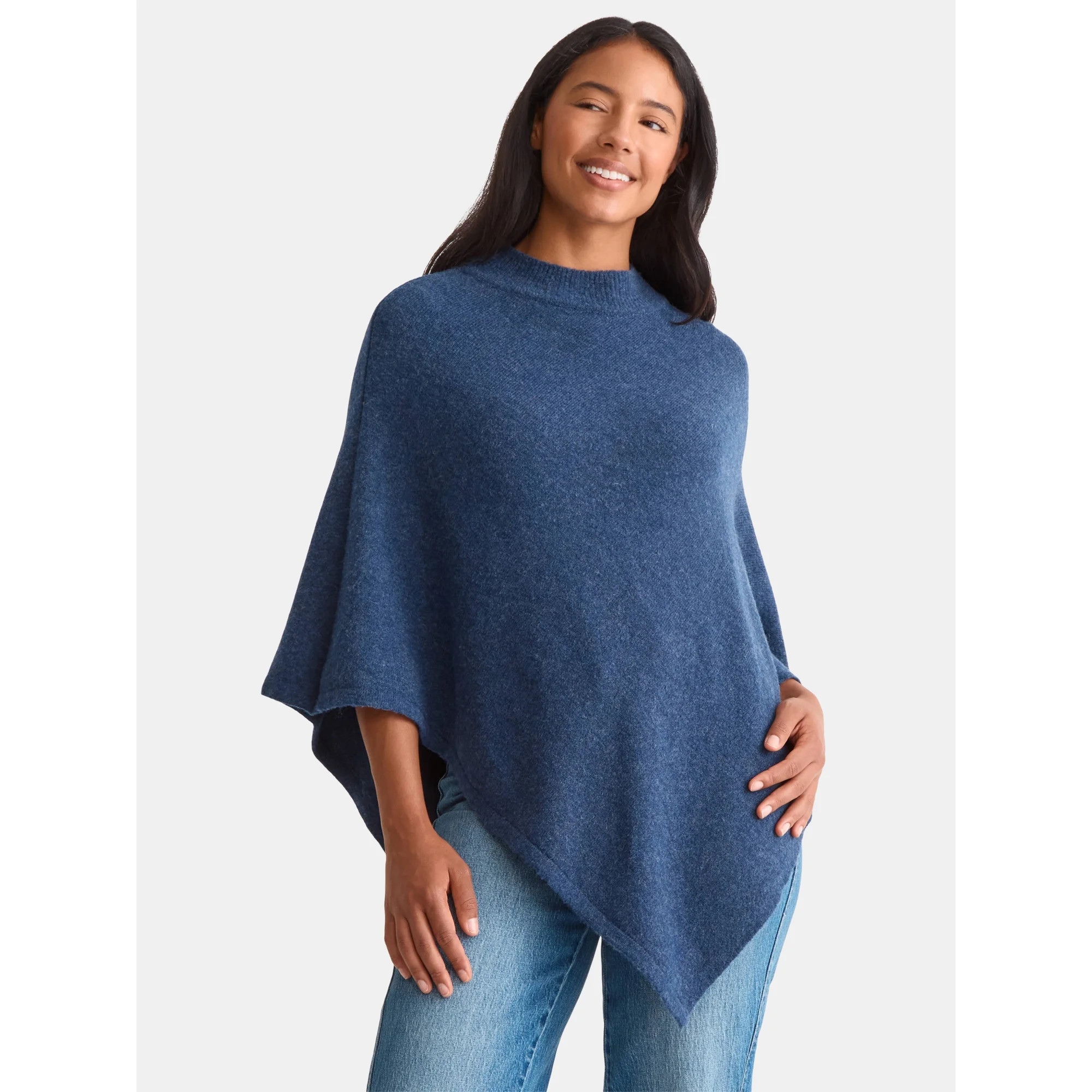 Time and Tru Women's Mock Neck Poncho, S/M, Blue | Walmart (US)