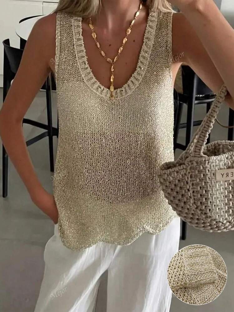 Women Frenchy Fashionable Casual Cute Sparkly See Through Textured Asymmetrical Hem Round Neck Sl... | SHEIN
