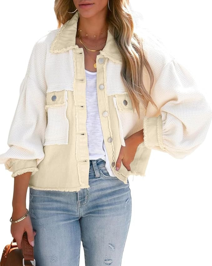 chouyatou Women's Cropped Waffle Knit Jacket Boyfriend Button Down Shirt Shacket Tops | Amazon (US)