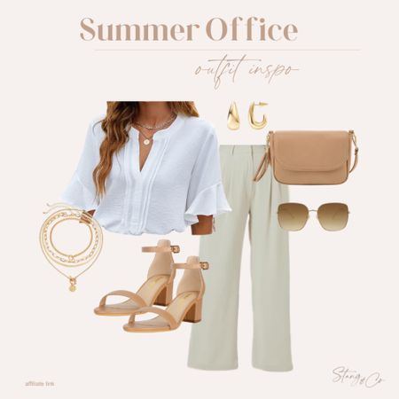 This office inspiration is perfect for summer and includes tall friendly trouser pants, a white short sleeve blouse, tan strappy heals, a tan purse, layered gold necklace, gold earrings, and gold rimmed sunglasses.

Business outfit, office look, tall friendly pants, summer outfit, amazon fashion, ootd

#LTKFindsUnder50 #LTKStyleTip #LTKWorkwear
