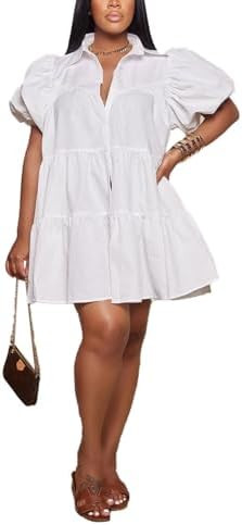 WOKANSE Women's Cute Babydoll Dresses 2024 Casual Loose Puff Sleeves Ruffle Hem Button Down Pleat... | Amazon (US)