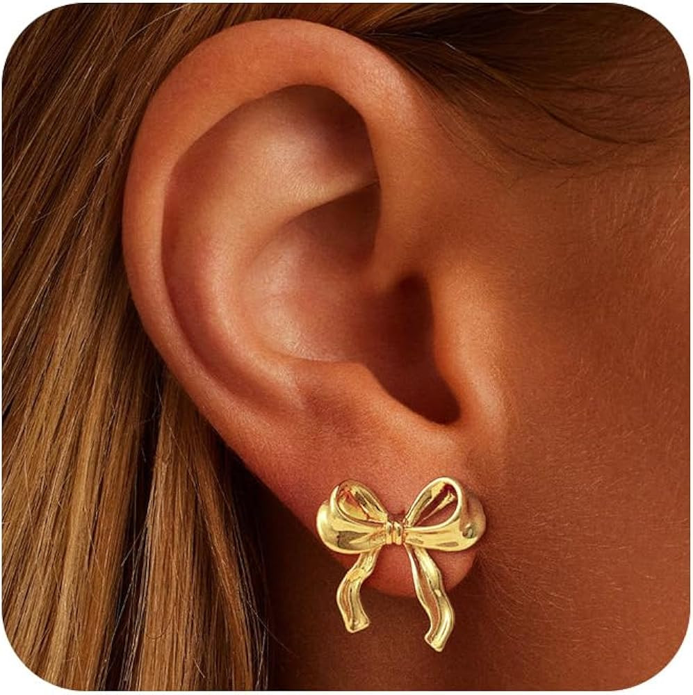 Gold/Silver Bow Earrings for Women, Post Ribbon Knot Earring Bow Stud Earrings Daily Jewelry | Amazon (US)