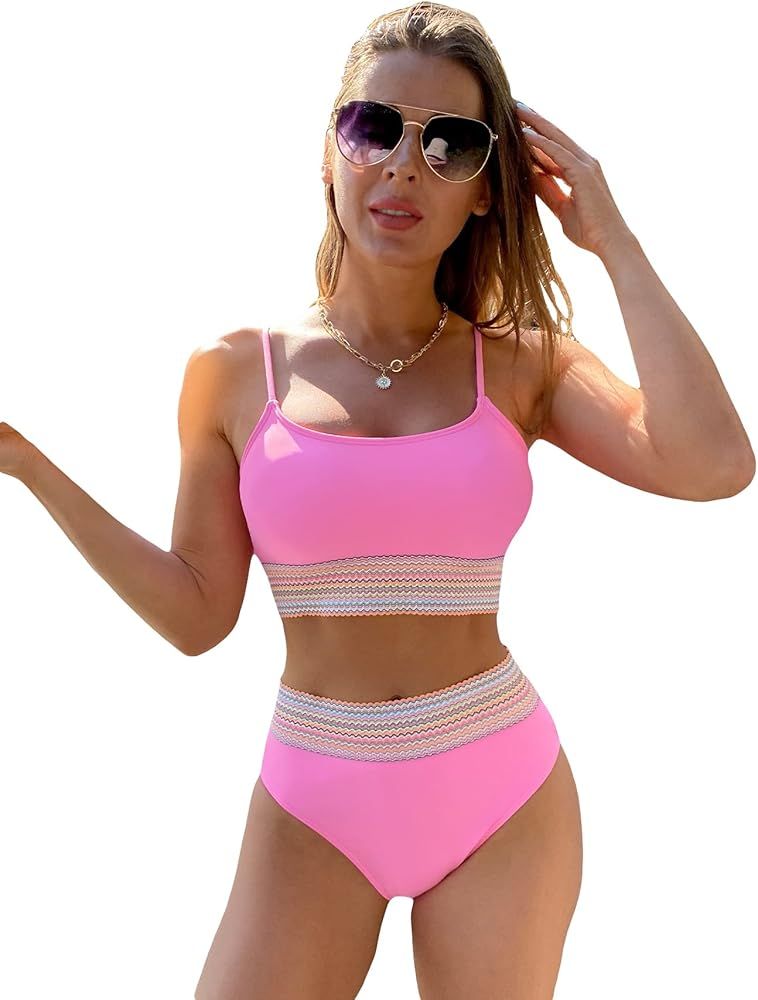 SheIn Women's 2 Piece Color Block Bikini Set Wireless Swimsuit High Waist Bathing Suit | Amazon (US)