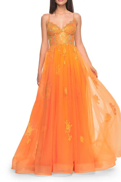 La Femme A-Line Tulle Gown with Scallop Detail Bodice and Lace Applique in Orange at Nordstrom, Size 12 | Nordstrom