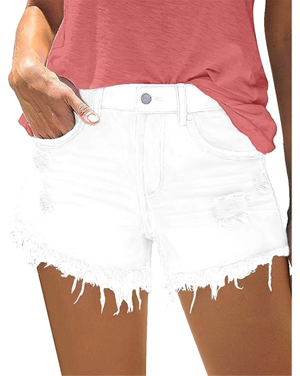 onlypuff Women's Ripped Mid Waisted Denim Shorts with Pockets | Amazon (US)