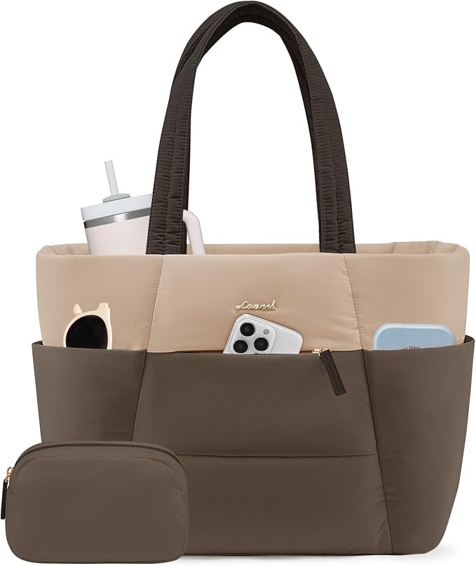 LOVEVOOK Puffer Tote Bag with 40oz Cup Holder Laptop Work Bag for Women | Amazon (US)