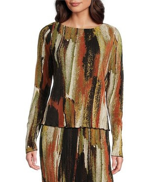 DKNY by Donna Karan Printed Plisse Long Sleeve Boat Neck Top | Dillard's