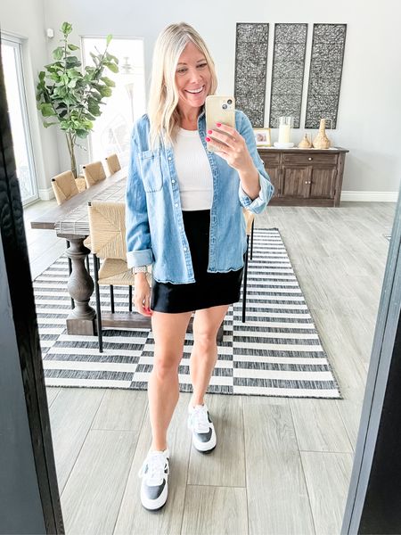 Love this black lululemon skirt with a white tank top, denim button down shirt, Nike sneakers. Small in everything. Size 6.5 big kids sneakers which are the same as a big kids size 8  

#LTKOver40 #LTKSeasonal #LTKStyleTip