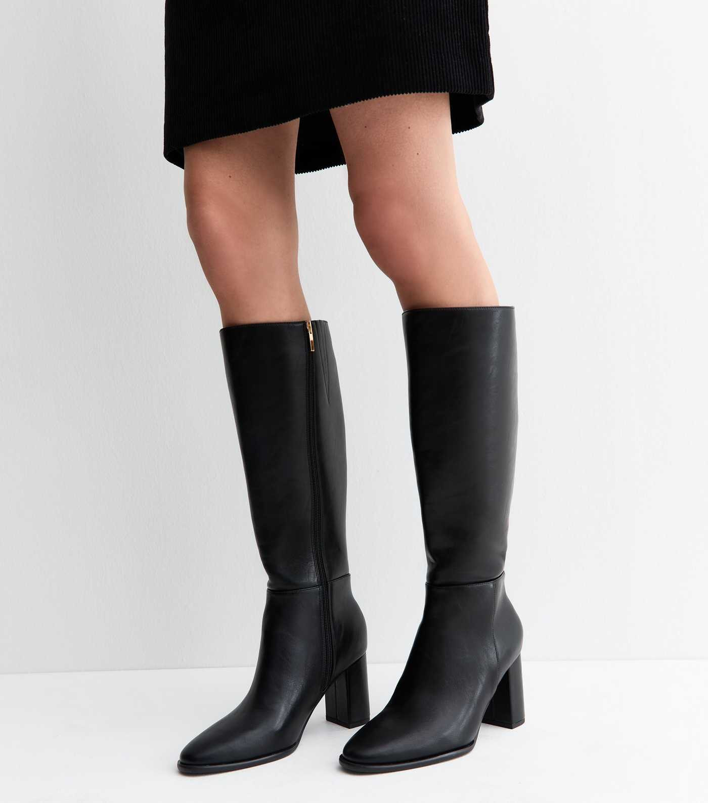 Extra Calf Fit Black Faux Leather Block High Leg Boots | New Look | New Look (UK)