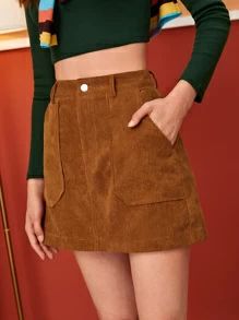 Pocket Side Solid Corduroy Skirt | SHEIN