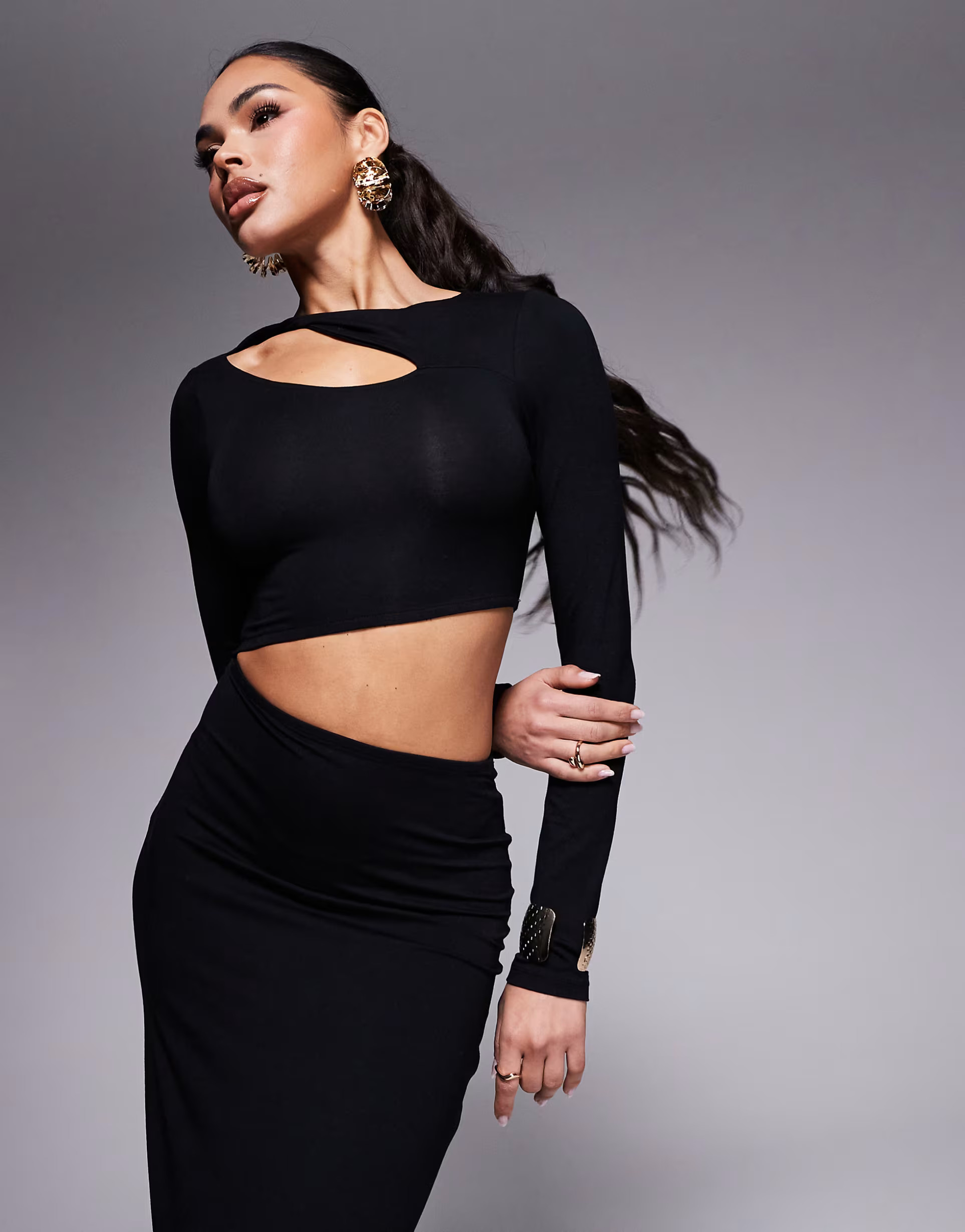ASOS DESIGN long sleeve twist shoulder cut out waist maxi dress in black | ASOS | ASOS (Global)