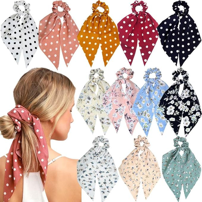 Sunaction 12 Pcs Hair Scarf Hair Scrunchies Chiffon Floral Hair Scarves Ribbon Scrunchie,Ponytail... | Amazon (US)