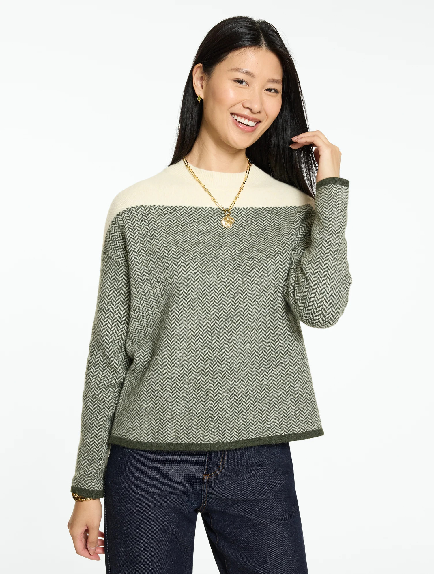 Crewneck Sweater - Cherry Houndstooth - Vanilla Custard/Dk Olive - Large Talbots | Talbots