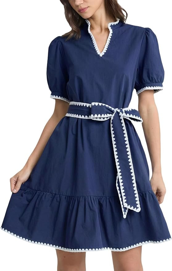 D-Sun Puff Sleeve Mini Dress Bow Tie Waist V Neck Navy Blue Ruffle Tiered Casual Short Dresses wi... | Amazon (US)