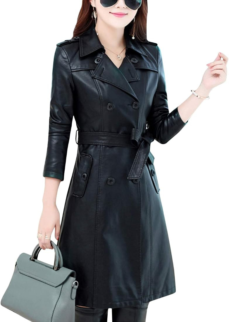 Tanming Womens Fashion Lapel Double Breasted Lambskin Leather Mid Long Jacket Coat | Amazon (US)