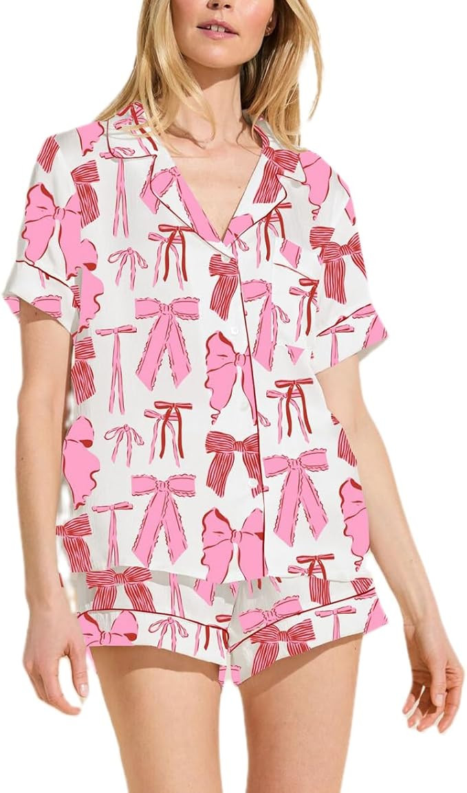 Juakoso Women Sweet Bow Pajamas Sets Short Sleeve Button Down Pjs Sets Cute 2 Piece Lounge Sets Y... | Amazon (US)