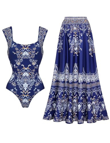 FLAXMAKER Women's One Piece Royal Blue Baroque Print Bathhing Suits Swimsuit and Skirt (US, Alpha, Medium, Regular, Regular, Blue #1 Swimsuit and Skirt) | Amazon (US)