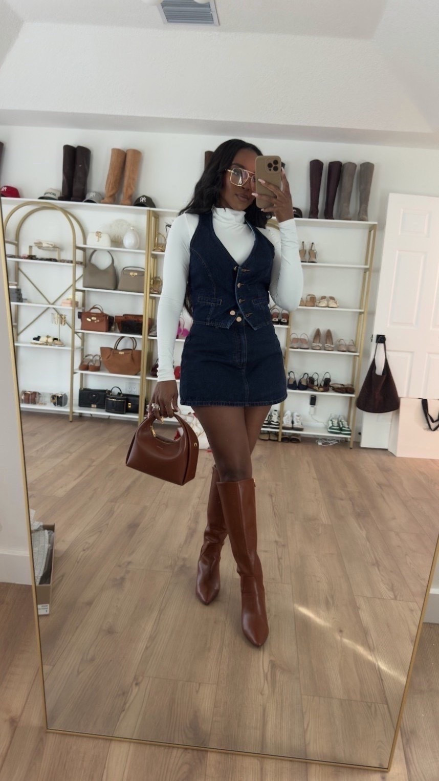 A chic denim set moment with a structured vest, mini skirt, and clean white turtleneck for an elevated winter casual look. The brown boots and bag pull everything together effortlessly.

Perfect for daytime outings, casual dinners, and weekend plans.

📏 Sizing: Small
Height — 5’4” | 138 lbs | Bust — 34D | Waist — 27” | Hips — 40” | Jeans/Pants — 27 Long or 4 Long

Shop instantly on the app

A winter denim skirt outfit with rich brown accessories, knee-high boots, and layered textures for a chic everyday style.

Follow me on Instagram and YouTube @kirasfashionfinds

#LTKPetite #LTKootd #LTKHoliday