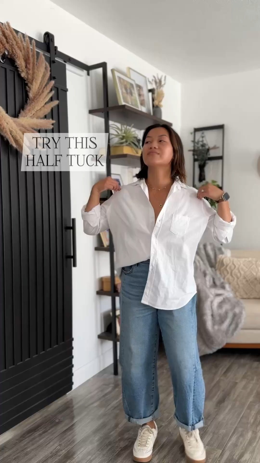 Your fav button down can be a lil’ cool and sexy 😌. Try a half or full tuck, unbutton to a deep v neck, and pull it back a lil’ to get this look. 

Also, wearing my fav petite friendly barrel jeans 

#LTKStyleTip #LTKPetite #LTKShoeCrush