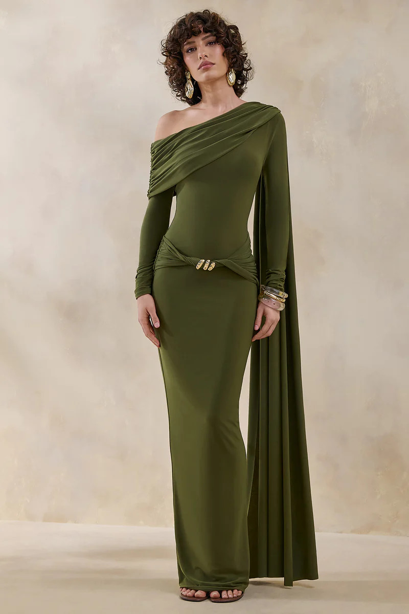 Bessy  Green Asymmetric-Neck Maxi Dress With Gathered-Detailing And Sash | Club L London